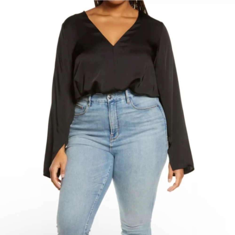 NWT Good American Wrap Front Long Sleeve Satin Bodysuit Black Size 5/2XL